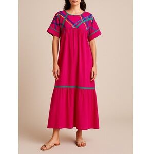 Vintage APPÉL Mexico Bright Pink Cotton Rickrack Folk Dress Festival Boho M